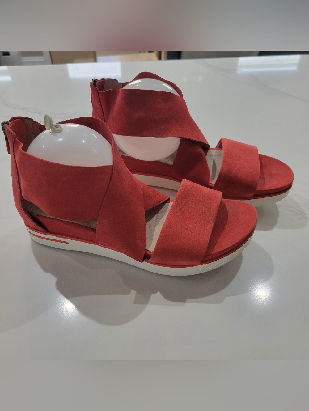 Eileen Fisher Red Suede Crisscross Wedge Sandals